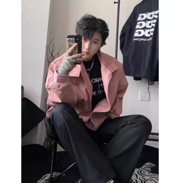 Herren Trendige Amerikanische Retro Pink Leder Motorrad Bomberjacke - High-End Frühling/Herbst Harrington Stil