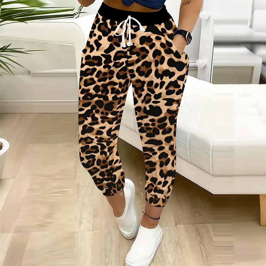 Summer Ladies Leopard Printed Sweatpants Loose Fit Drawstring Joggers Elastic Cuff Daily Casual Pants