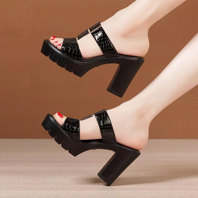 10cm Small Size 32-43 Elegant Patent Leather Shoes Summer Slippers 2026 Block High Heels Slides Women for Office Model Mom