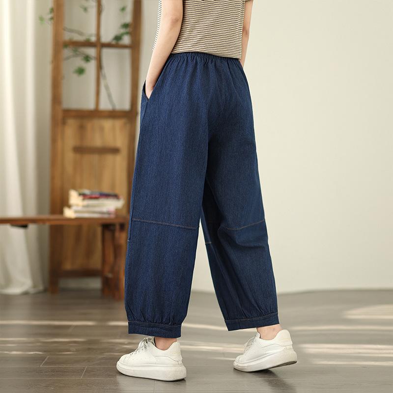 Elastic High Waist Denim Pants Female Summer 9-inch Jean Pants Solid Color Casual Women Harem Pants 2025