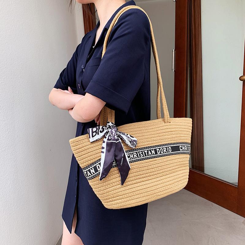 Large Capacity Crossbody Portable Shoulder Bag Silk Scarf Design Vegetable Basket Woven Tote Women's Bag