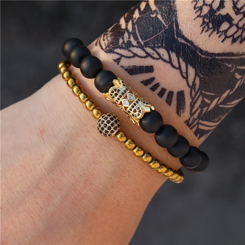 Vintage Schwarzes Mattes Armband Zirkon Krone Diamant Kugel Würfel Löwenkopf Perlenarmband Set