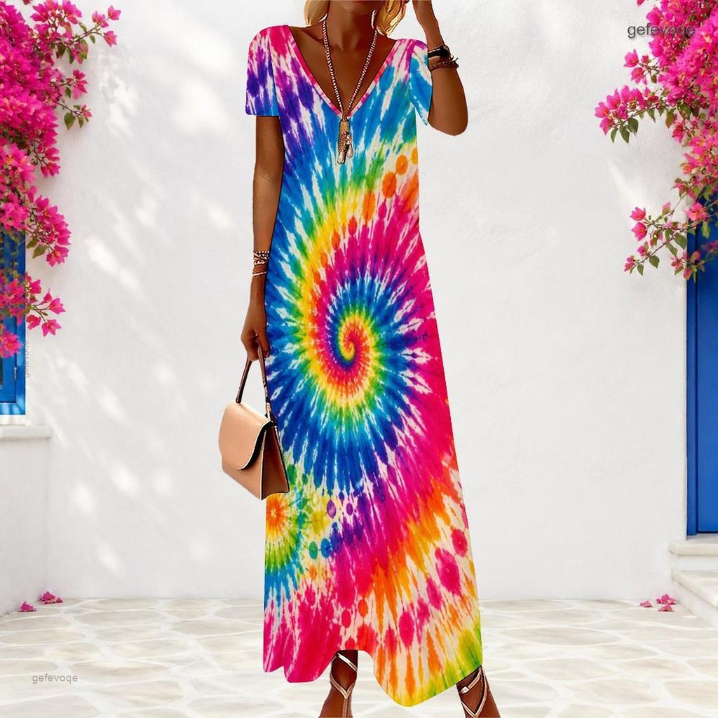 Women Plus Size V Neck Short Sleeve Abstract Leaf Print Long Dress