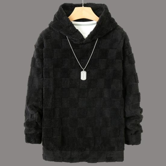 Herbst Winter Herren Hoodie Einfarbig Kariert Locker Lässig Kapuzensweatshirt Atmungsaktiv Dick Warm Plüsch Lange Ärmel Pullover Top