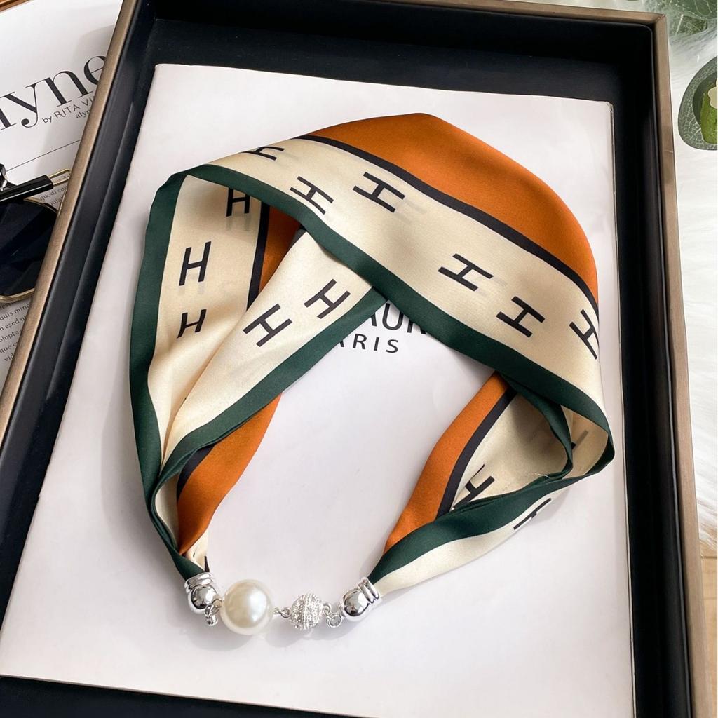 New Small Silk Scarf Magnetic Buckle Headband Neck Protection Professional Scarf Striped Versatile Fashion Scarf Silk Scarf Women