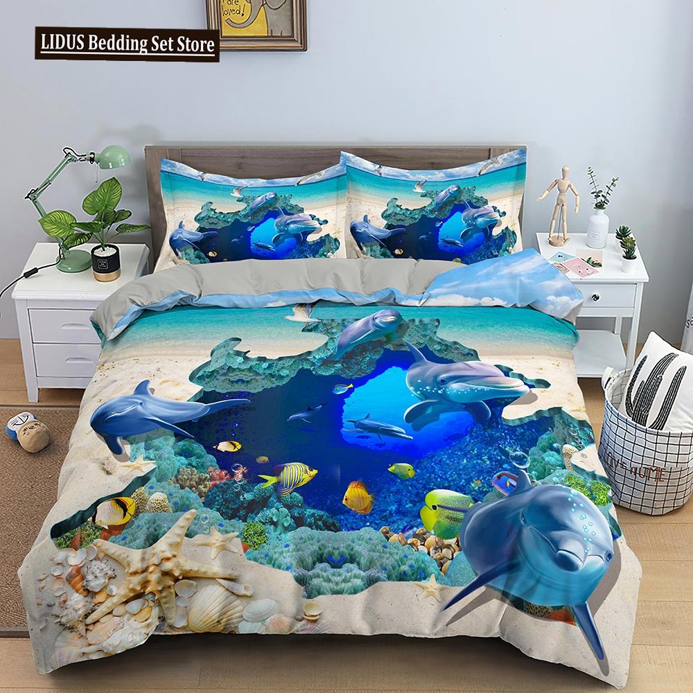 

Dolphin Duvet Cover Set 3Pcs Marine Life Bedding King Twin Full Queen Size Polyester Quilt Cover For Teens Kids EU single(135x200cm)