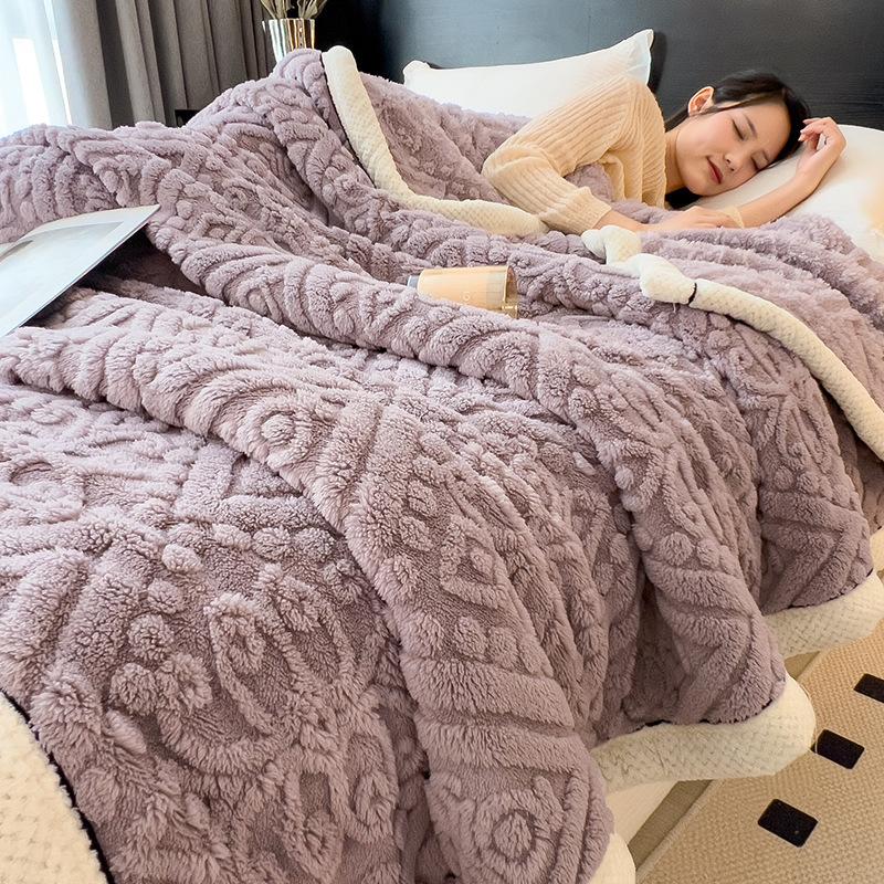 Nordic Double-Layer Thick Coral Fleece Blanket Keep Warm and Super Soft Sofa Nap Cover Queen King Quilt with Velvet for Winter