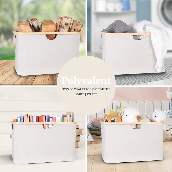 Panier linge - hennez - pliable 60l - gris clair - tissu et bambou - avec couvercle