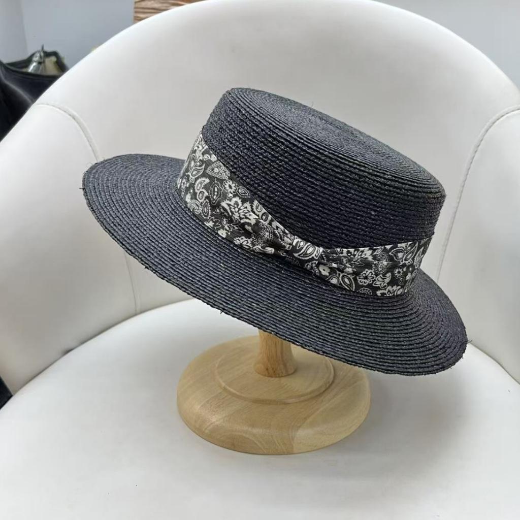 Export quality extra fine hand-woven raffia flat top hat women's summer sun protection straw hat silk hemp top hat