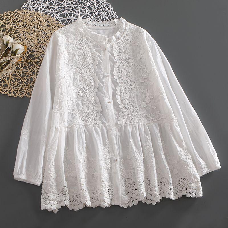 

Mori Style Three-Dimensional Crochet Long Sleeve Blouse Women s Autumn New Arrival Fresh Korean Style Pleated Skirt Cut Out Embroider Shirt White One size