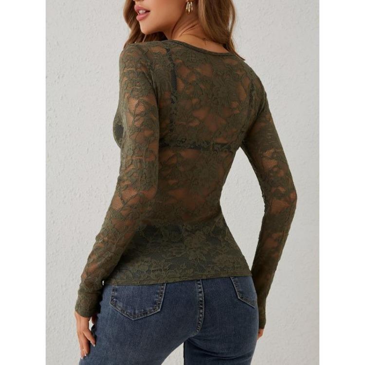 Women Sexy V Neck Lace Base Shirt Slimming Long Sleeve Top Comfortable Single Layer Fall Winter New Inside Wear