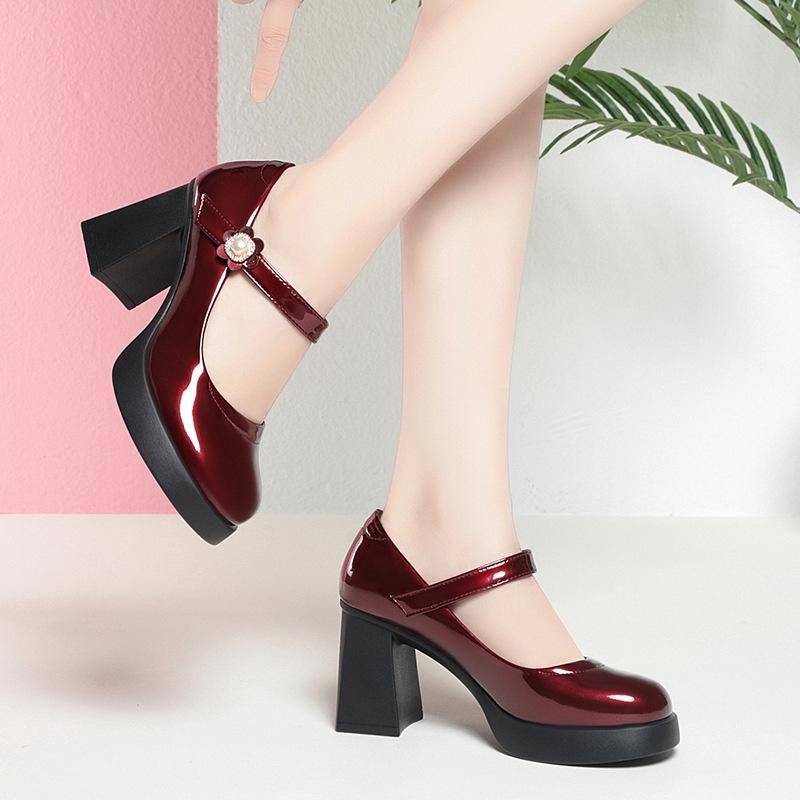 College Style Thick Sole Waterproof Platform Sweet Shoes Thick Heel Women One-word Buckle High-heeled Soft Leather Shoes