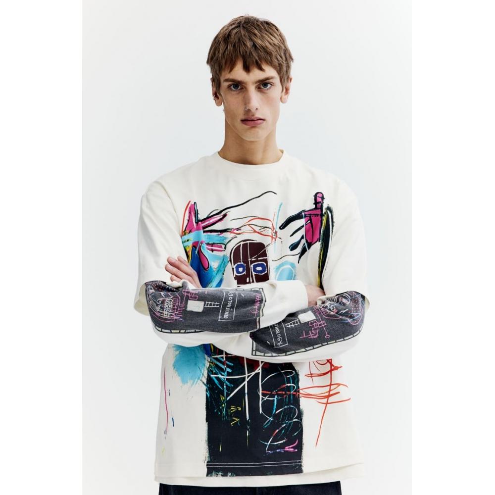 H M Relaxed FiT CoTTon T sHirT creaM basquiaT