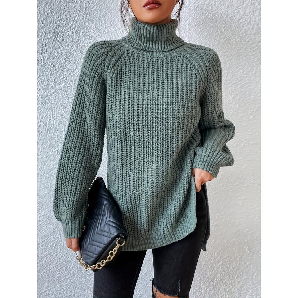 Turtleneck Knitted Split Hem Versatile Sweater, Casual Long Sleeve Sweater for Fall & Winter, Women's Clothing