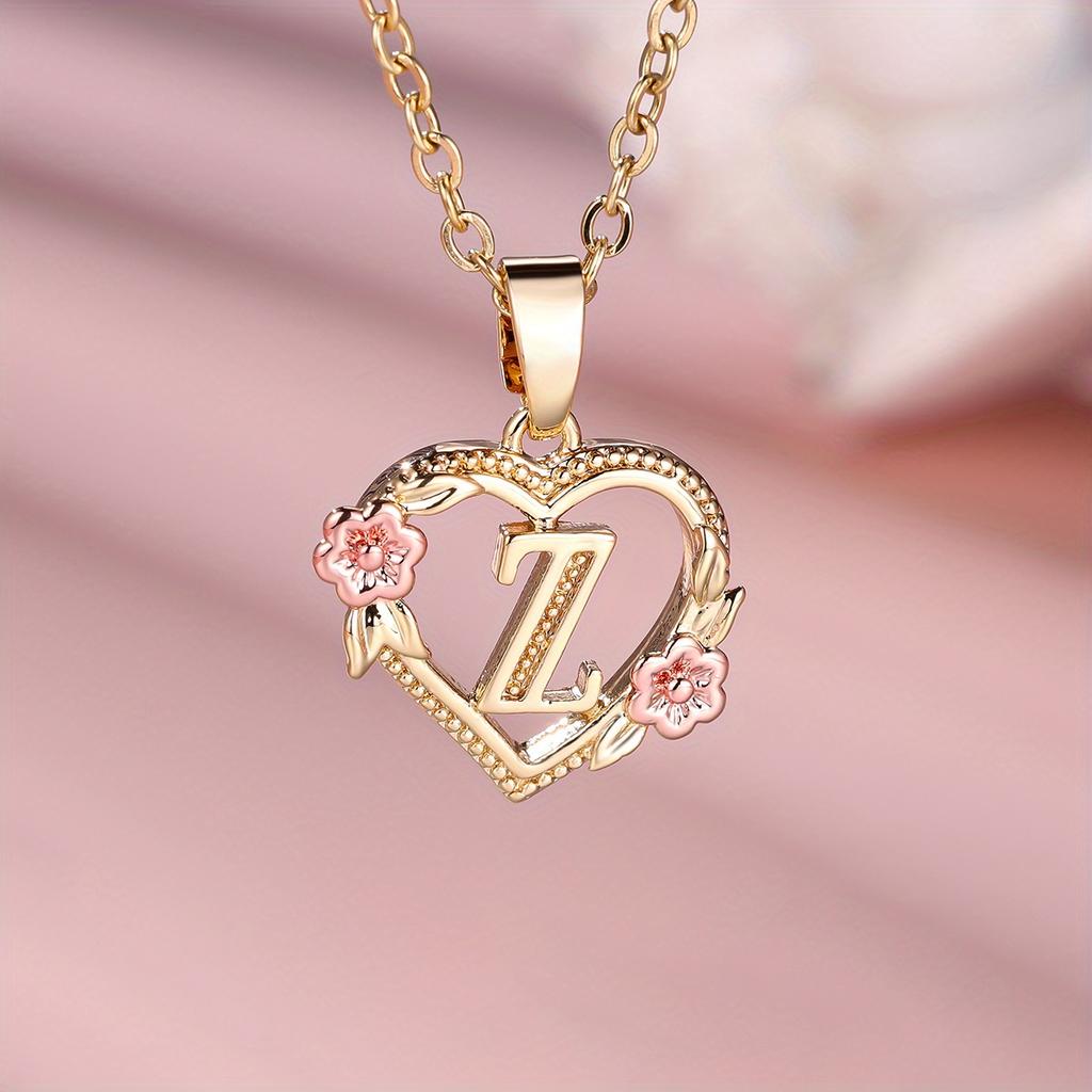 1 Pc Golden Color 26 English Letter Heart Necklace Rose Flower Pendant Wedding Band Jewelry Valentine's Day Gift