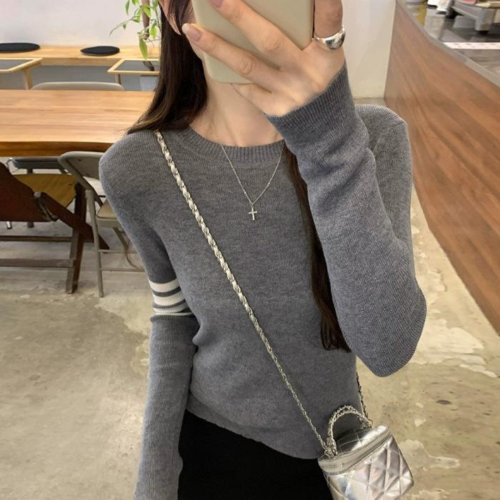 Korean Imitation Wool Inner Bottoming Sweater Autumn and Winter New College Style Slim Long-sleeved Striped Top for Women