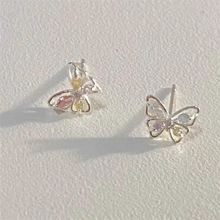 

Zhuang Zhou Mengdie Color Zircon Butterfly Earrings Silver Needles Small Delicate Mini Earrings Dopamine Ear Jewelry