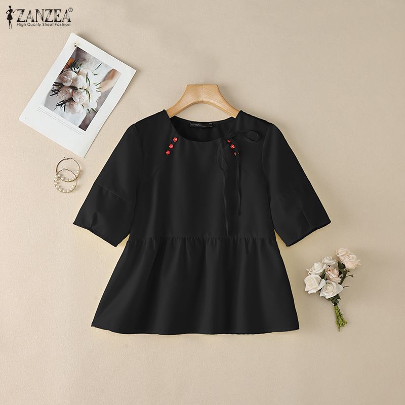 ZANZEA Blusa da donna casual a girocollo, tinta unita, manica corta larga