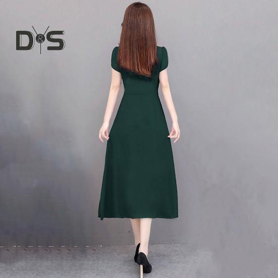 Summer Lady Dress Round Neck A-line Short Sleeves Slim Waist Plus Size Pure Color Slim Fit Mid-calf Length OL Commute Midi Dress