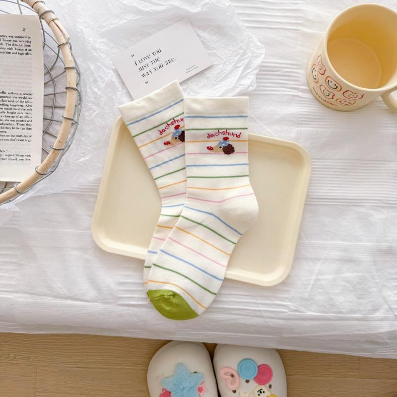Female Spring and Summer Cute Dachshund Dog Cartoon Striped Preppy Socks