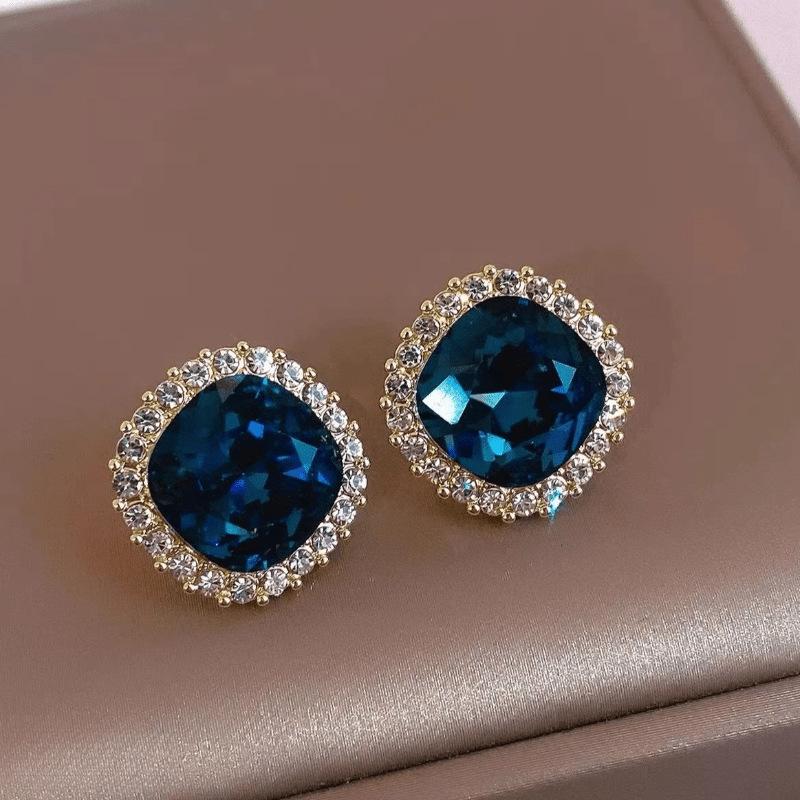 925 Sterling Silver Blue Crystal Stud Earrings with Rhinestone Inlay - Light Luxury  Fashionable Design королевский синий