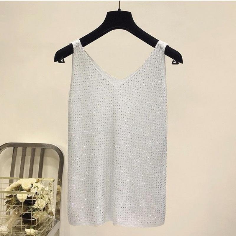 Women's Ice Silk Diamond Camisole Women's Loose Short Sleeveless Wild V-neck Bottoming Shirt Tank Summer Camis & Tank Tops
