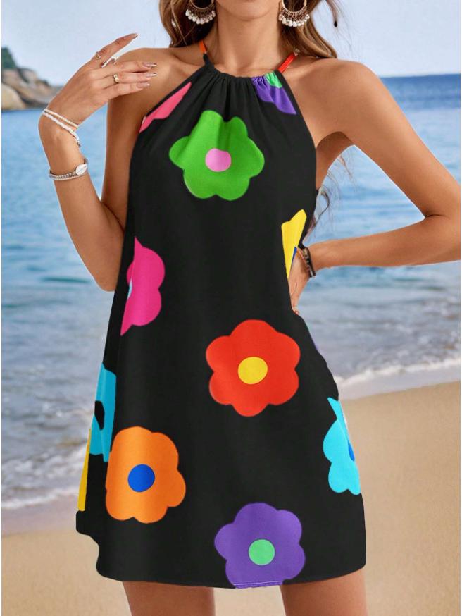 

2025 Summer Halter Sunflower Floral Print Casual Plus Size Mini Dress 4XL квітковий колір друку