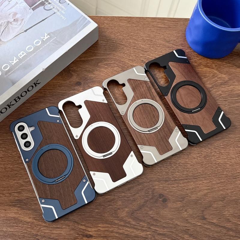 Walnut Wood Metal Borderless Armor Phone Case For Samsung Galaxy A57/A56 360 Rotating Magnetic Bracket Shockproof Cover