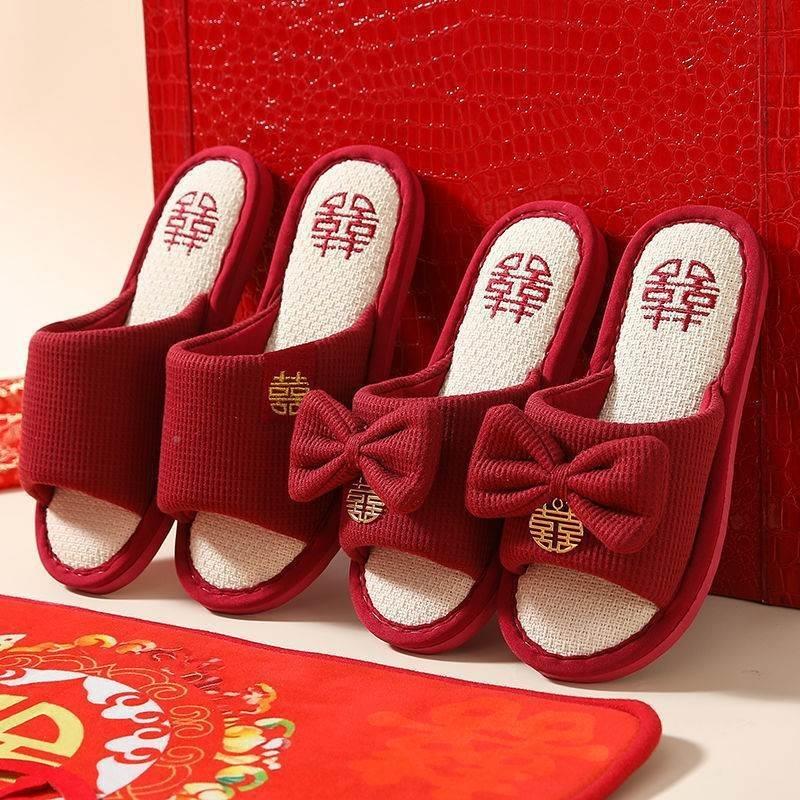 Wedding Celebration Linen Couple Red Slippers Happy Bride Groom Casual Home Slippers