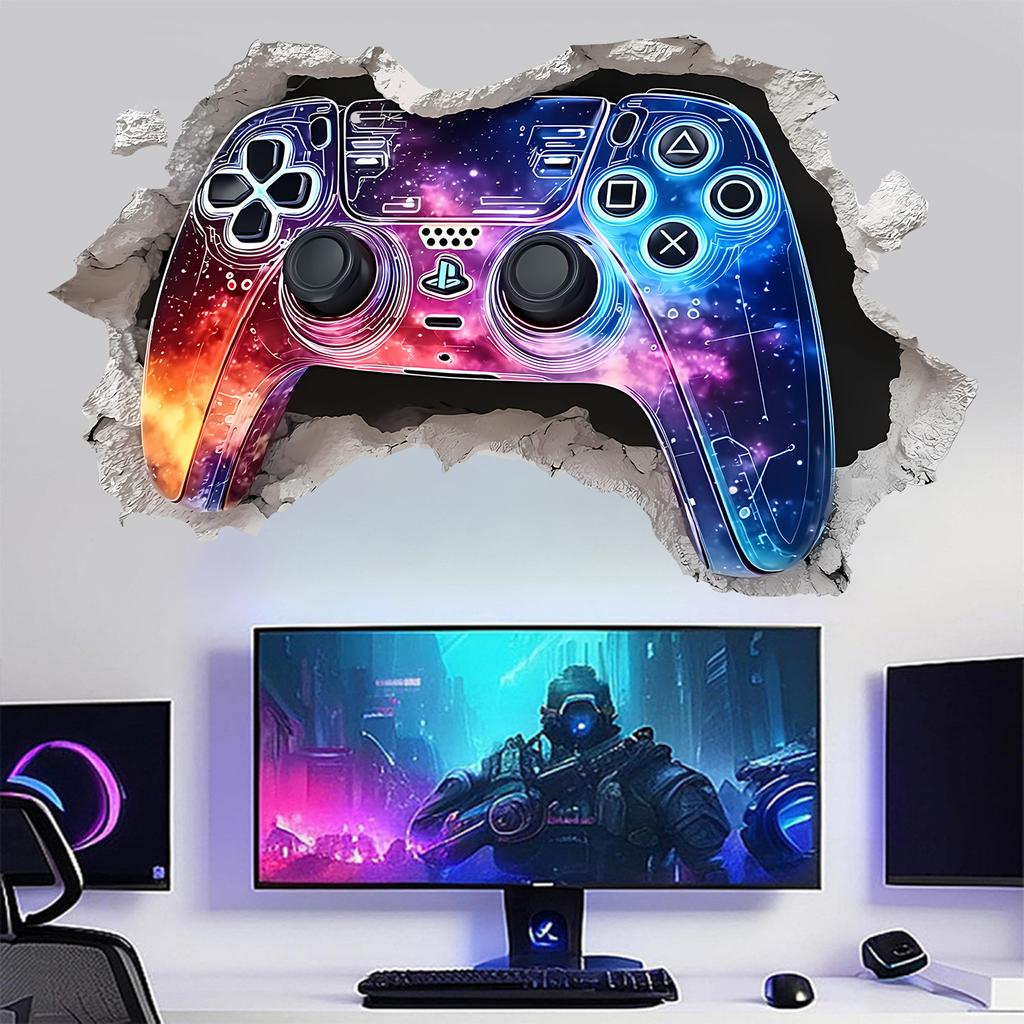 Tecknad 3D Bryta Vägg Spelkontroll Väggklistermärke Självhäftande Avtagbar för Sovrum Vardagsrum Arbetsrum Heminredning