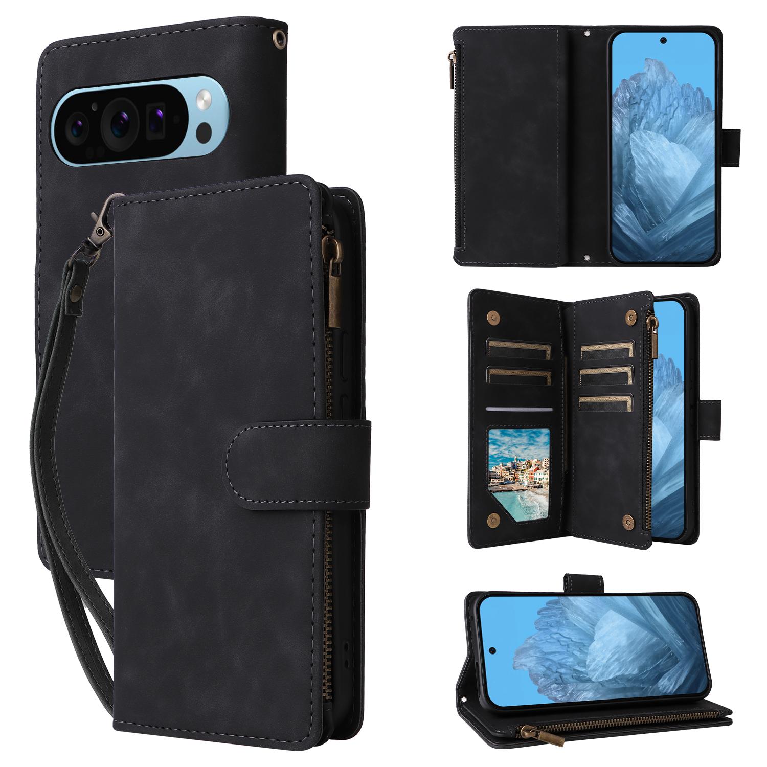 

Phone Case For Google Pixel 10/10 Pro/9/9 Pro ,Zipper Wallet Multiple Card Slots Leather Cover with Wrist Strap Black