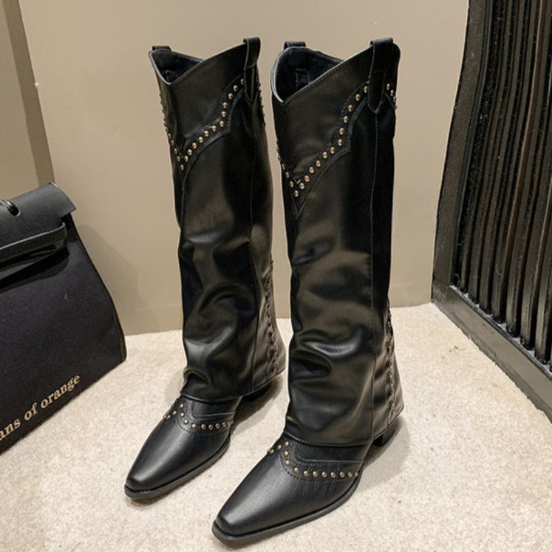 Long Boots Rivet High-top Western Cowboy Knight Boots Ladies French All-match Retro Leather Boots