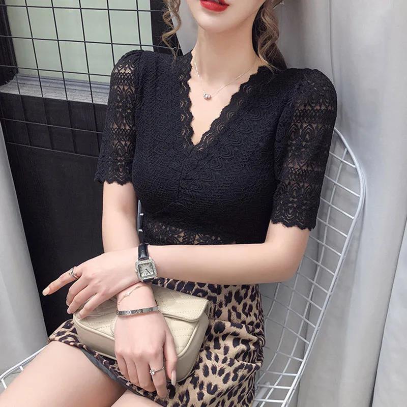 Lace Base Women's V-neck Short-sleeved T-shirt New Puff Sleeve Sexy Tights Tops