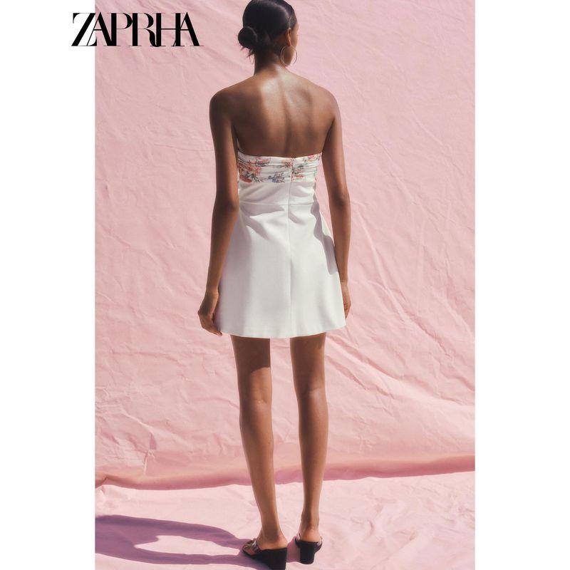 Zaprha 2025 Summer New Sweet Flower Print Thin Scarf off-Shoulder Short Dress 3067303