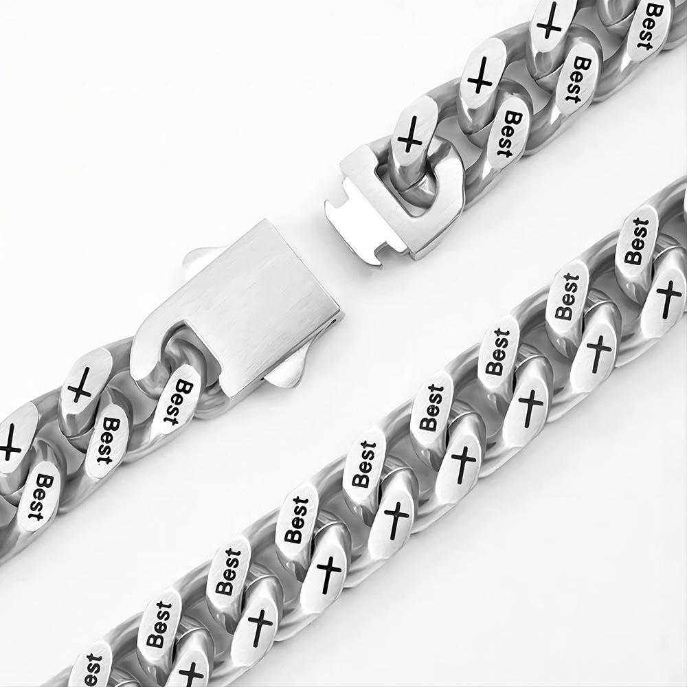 Hip Hop Titanium Steel Engraving Cuban Necklace Men's Brushed Necklace Stainless Steel Four-Sided Grinding Denim Chain Figaro Necklace