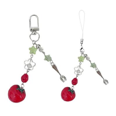 Creative Tomato Fork Keychain Phone Lanyard Resin Charm Decorative Accessory For Car Interior And Gifting