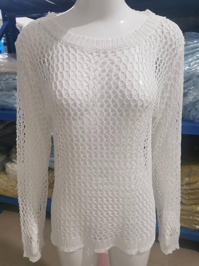 Women's 2026 New American Style Loose Knit Cardigan - Hollow Big Round Neck, Solid Color, See-through Mesh, Long Sleeve.