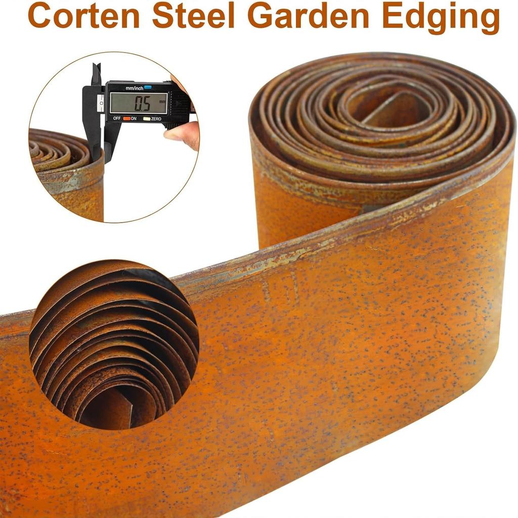 Steel Garden Edging, 16cm Wide, 5m or 10m Long, Pre-Rusted Steel Border Strip for Flower Beds, Tree Rings and Pathways
