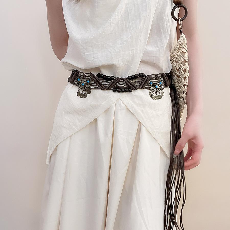 Vintage ethnic wind wood bead woven fringed waist chain bohemian belt clothing