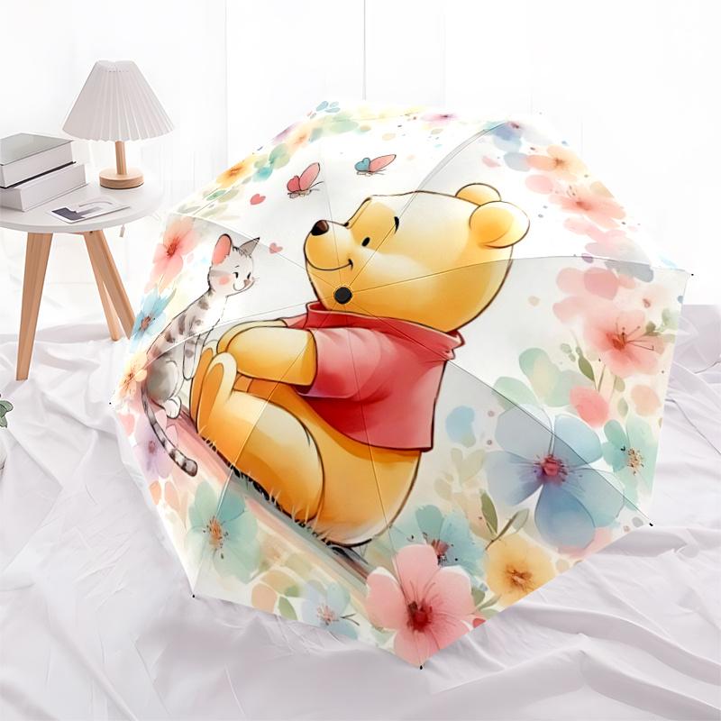 1pc Floral Delight: Winnie the Pooh & Kitten Design Automatic Folding Umbrella - 8 Bone Iron Frame, Portable for Fans, Travelers, Everyday U