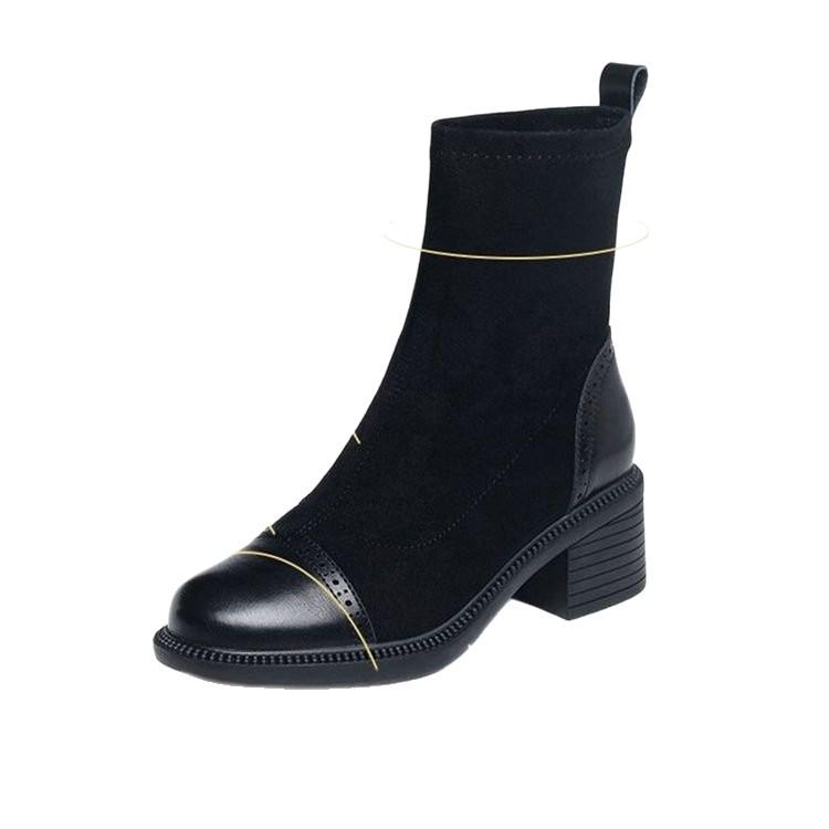 Elastic thin boots women's autumn and winter fleece thickened 2025 new soft leather splicing small bare boots medium heel thick heel medium boots
