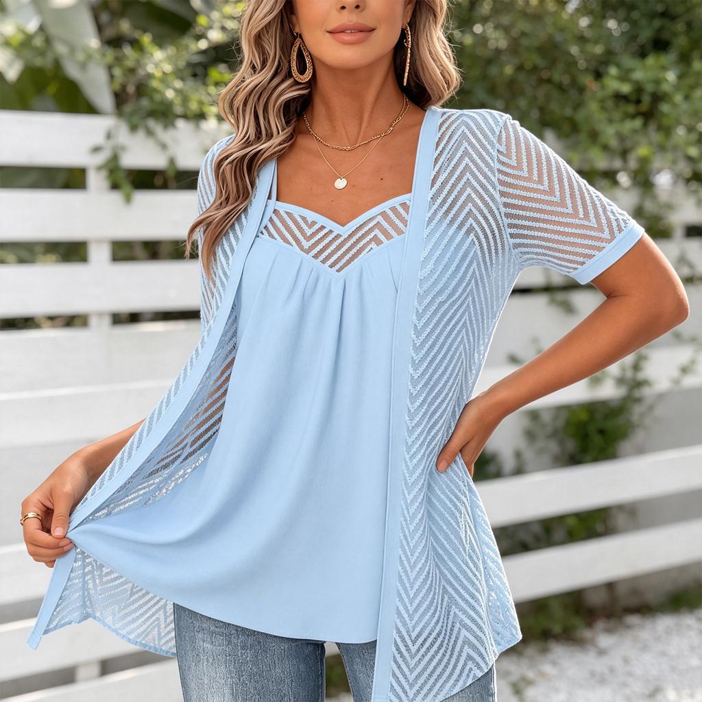 Women's Cutout Loose Fit Short Sleeve Two-Piece Blouse