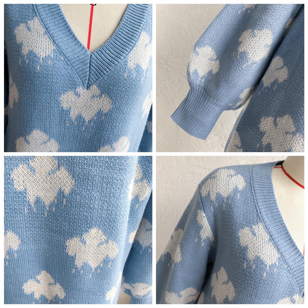 Wiosna jesień chmury wzór powyżej kolana Mini sweter z dzianiny sukienka kobiety dorywczo proste O-Neck pełna rękaw luźna talia S-L