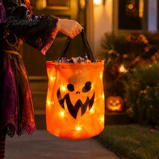 Durable Fabric Pumpkin Treat Bag Glowing Candy with LED Lights, Reusable Halloween Trick or Pail Tote for Kids, Handbag Party Favors Light Up