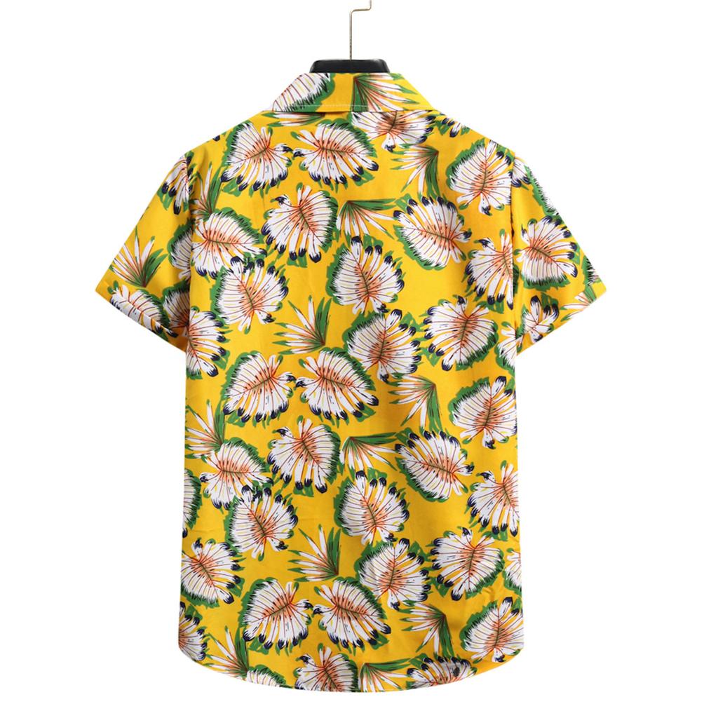 Men's Cardigan Short Sleeve Hawaiian Beach Flower Shirt Men's Turtleneck Shirt