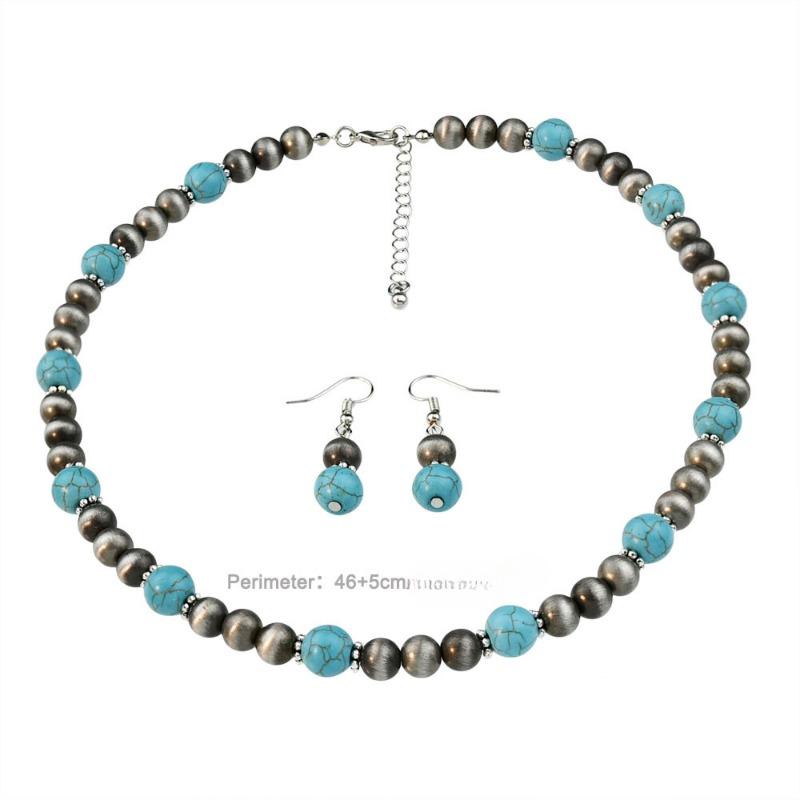 GemChic Women's New Vintage Turquoise Beads Chain Necklace Earrings Two Piece Set Ethnic Birthday Christmas Jewelry Gift