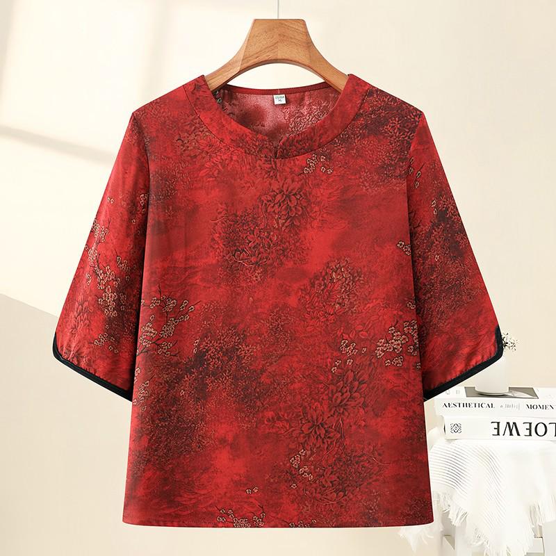 

Summer T-Shirt for Middle-Aged & Elderly Women (50-60) – Casual, Breathable, Loose-Fit, Printed Top XL (90-105 jin) красный