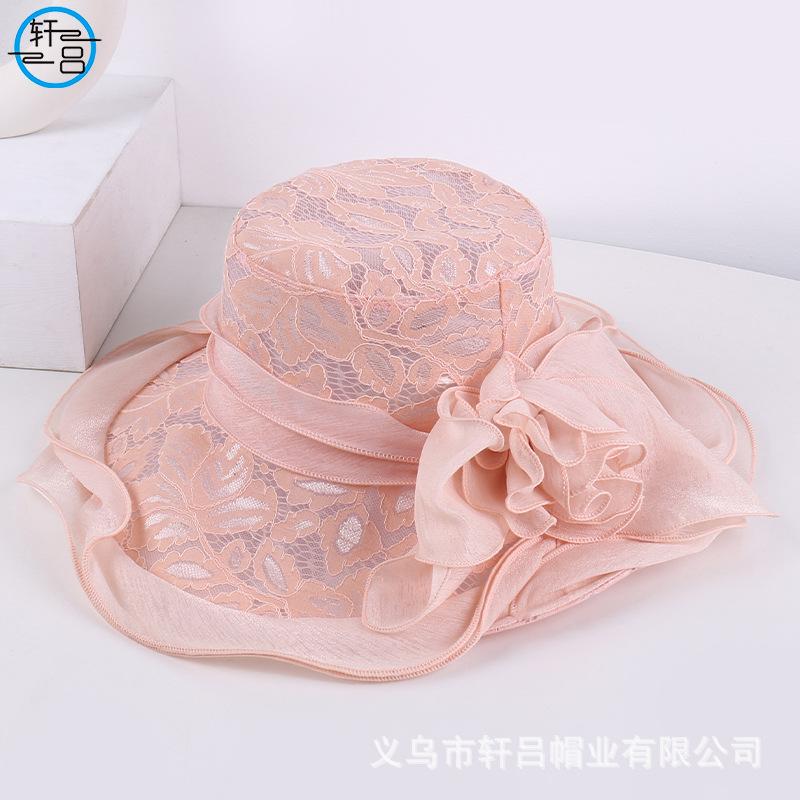 European and American breathable bucket hat fashion lace sun hat women's summer thin foldable mesh flower big brim top hat