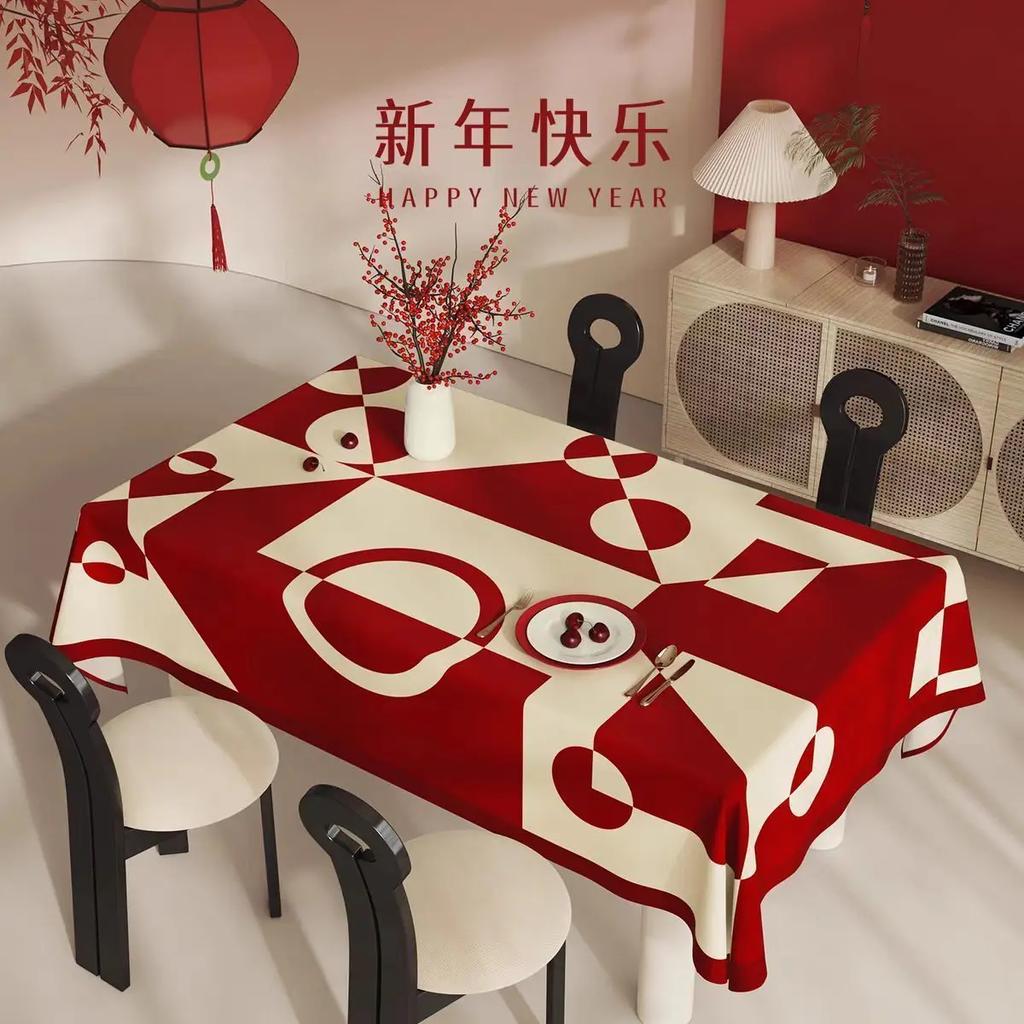 Rectangle Red Printed New Year Tablecloth High-Grade Beauty Camellia Decorative Cloth Geometric Pattern Dustproof Table Cover