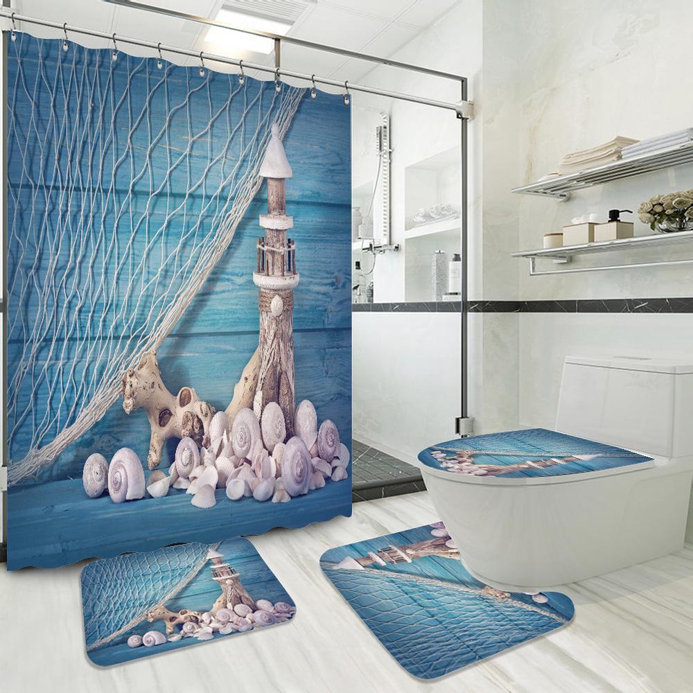 Blue Fishing Net And Whelk 3D Printed Waterproof Shower Curtain Non Slip Rugs Mat Polyester Fabric Waterproof With Hooks